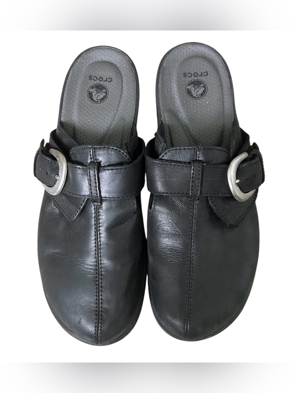 Crocs Sz 9 M Black Leather Buckle Studs Platform Clogs Heels Shoes - Picture 3 of 9